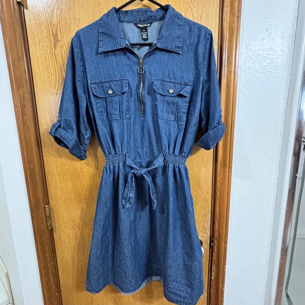 Denim Midi Shirt Dress with Tie Waist - Blue